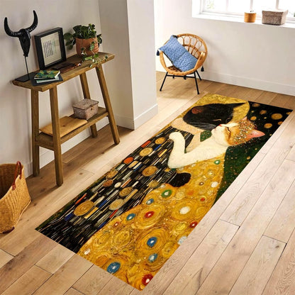 Art Nouveau Cat Kiss Runner Rug: Gold Mosaic Hallway Carpet, Non-Slip Machine-Washable