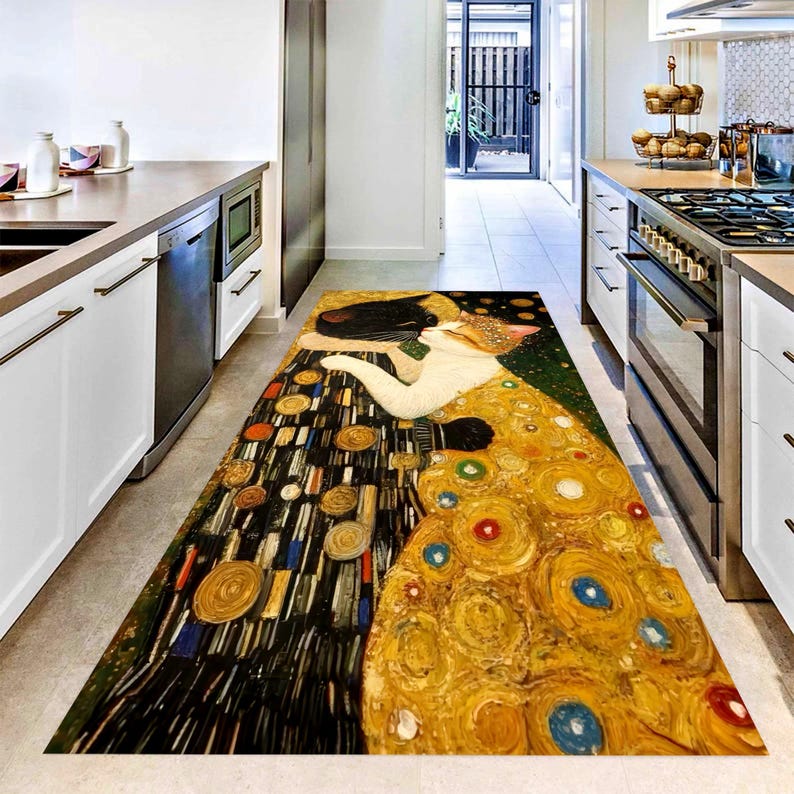 Art Nouveau Cat Kiss Runner Rug: Gold Mosaic Hallway Carpet, Non-Slip Machine-Washable