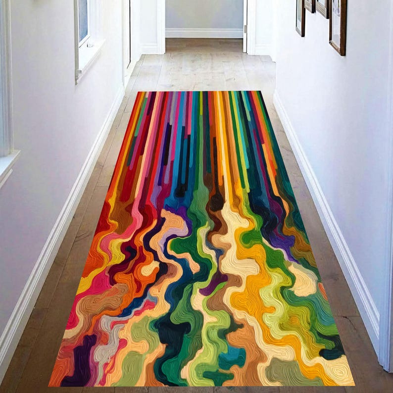 Colorful Abstract Paint Pour Printed Runner Rug: Modern Rainbow Drip Carpet, Machine-Washable Non-Slip