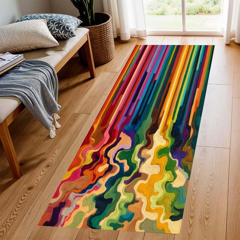 Colorful Abstract Paint Pour Printed Runner Rug: Modern Rainbow Drip Carpet, Machine-Washable Non-Slip