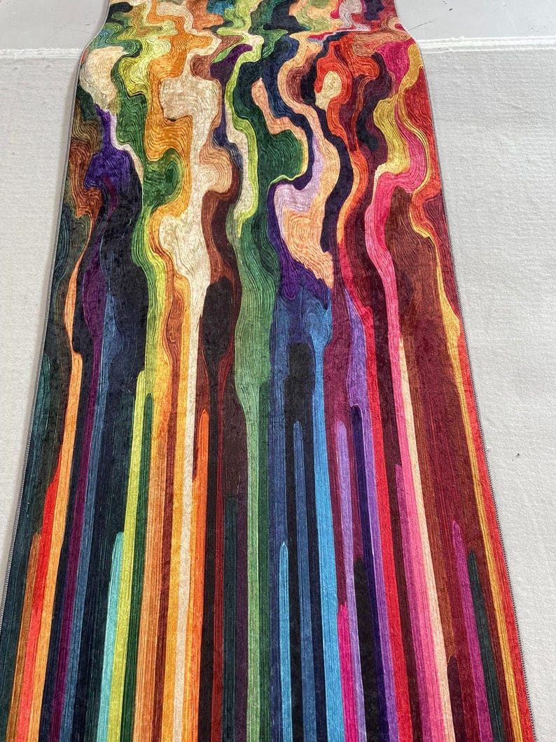 Colorful Abstract Paint Pour Printed Runner Rug: Modern Rainbow Drip Carpet, Machine-Washable Non-Slip