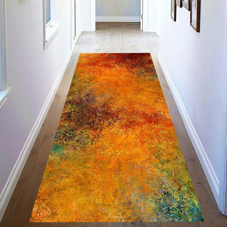 Autumn Rust Abstract Hallway Runner Rug: Non-Slip Machine-Washable