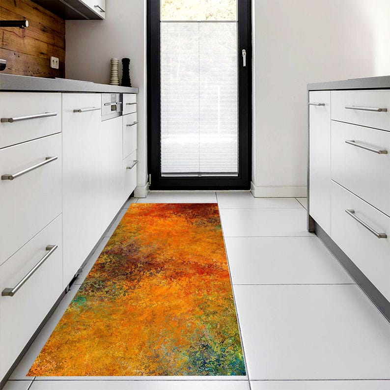 Autumn Rust Abstract Hallway Runner Rug: Non-Slip Machine-Washable