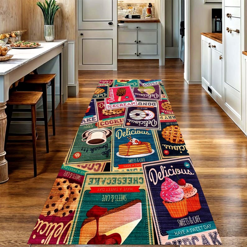 Retro Dessert Kitchen Runner Rug: Vintage Bakery Hallway Carpet, Non-Slip Machine-Washable