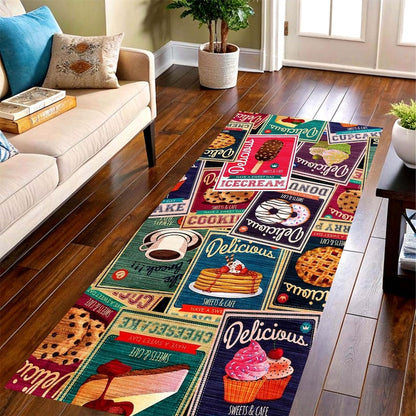 Retro Dessert Kitchen Runner Rug: Vintage Bakery Hallway Carpet, Non-Slip Machine-Washable