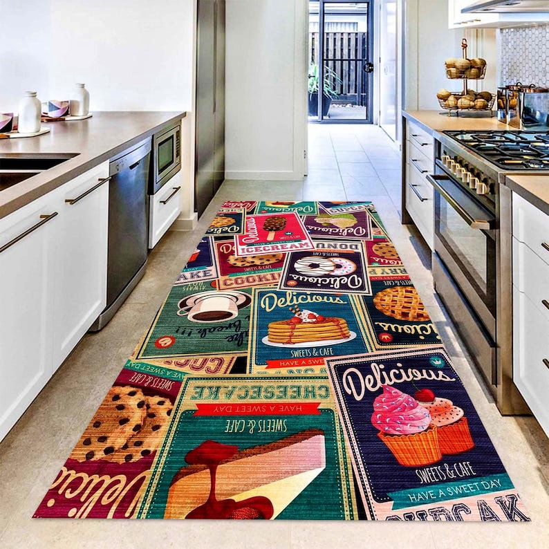 Retro Dessert Kitchen Runner Rug: Vintage Bakery Hallway Carpet, Non-Slip Machine-Washable