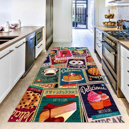Retro Dessert Kitchen Runner Rug: Vintage Bakery Hallway Carpet, Non-Slip Machine-Washable