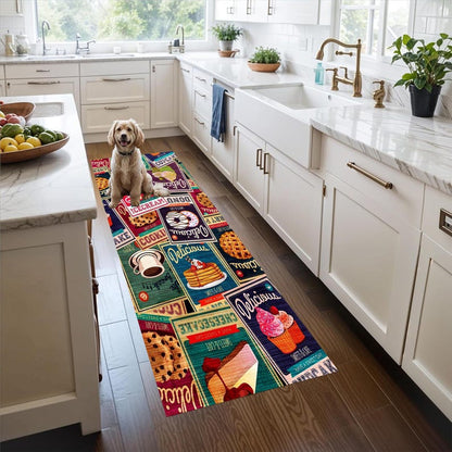 Retro Dessert Kitchen Runner Rug: Vintage Bakery Hallway Carpet, Non-Slip Machine-Washable