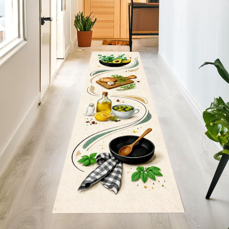 Mediterranean Olive Oil Kitchen Runner Rug: Herbs & Lemon Beige Hallway Carpet, Non-Slip Machine-Washable