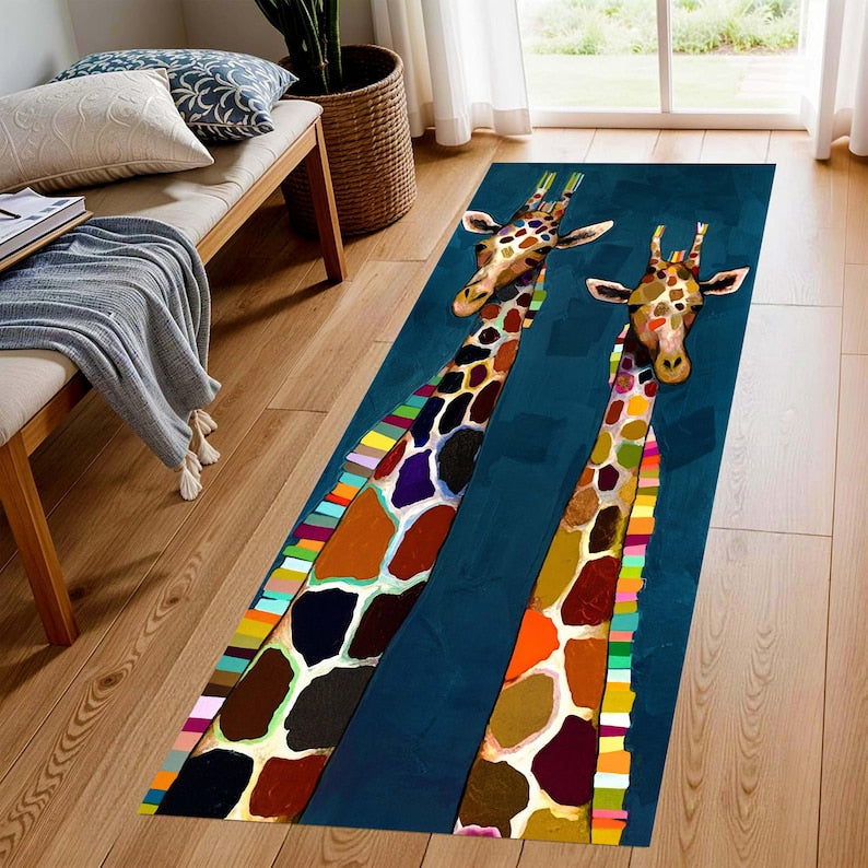 Colorful Giraffe Runner Rug: Modern Animal Art Carpet, Non-Slip Machine-Washable