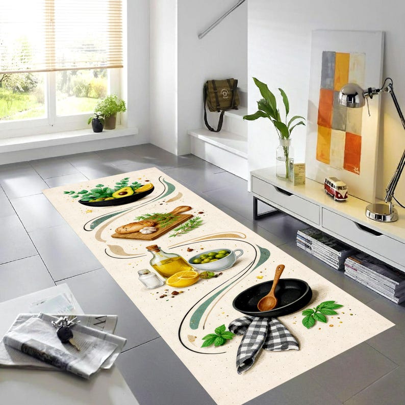 Mediterranean Olive Oil Kitchen Runner Rug: Herbs & Lemon Beige Hallway Carpet, Non-Slip Machine-Washable