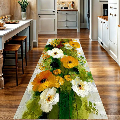 Impasto Wildflower Runner Rug: Yellow White Floral Hallway Carpet, Machine-Washable Non-Slip
