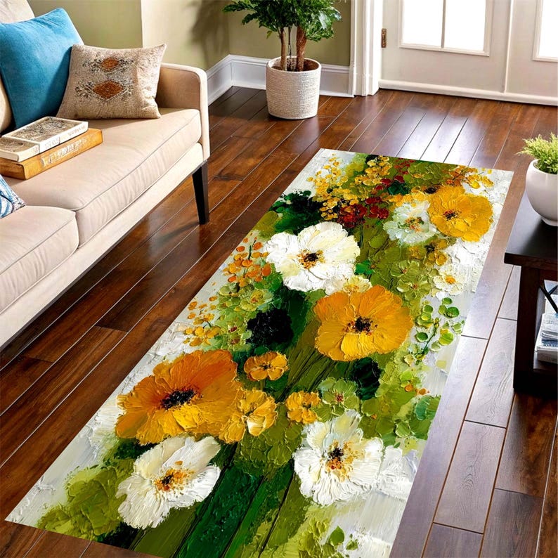 Impasto Wildflower Runner Rug: Yellow White Floral Hallway Carpet, Machine-Washable Non-Slip
