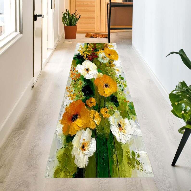 Impasto Wildflower Runner Rug: Yellow White Floral Hallway Carpet, Machine-Washable Non-Slip