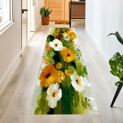 Impasto Wildflower Runner Rug: Yellow White Floral Hallway Carpet, Machine-Washable Non-Slip