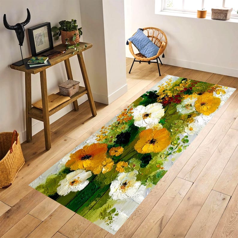 Impasto Wildflower Runner Rug: Yellow White Floral Hallway Carpet, Machine-Washable Non-Slip