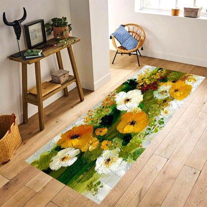 Impasto Wildflower Runner Rug: Yellow White Floral Hallway Carpet, Machine-Washable Non-Slip