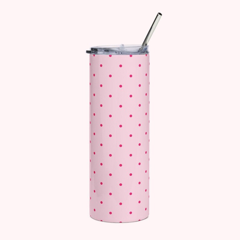 Insulated Polka Dot Water Bottle 20oz Stainless Steel Travel Tumbler with Reusable Metal Straw