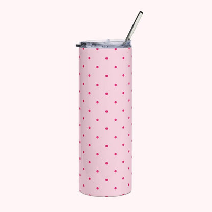 Insulated Polka Dot Water Bottle 20oz Stainless Steel Travel Tumbler with Reusable Metal Straw