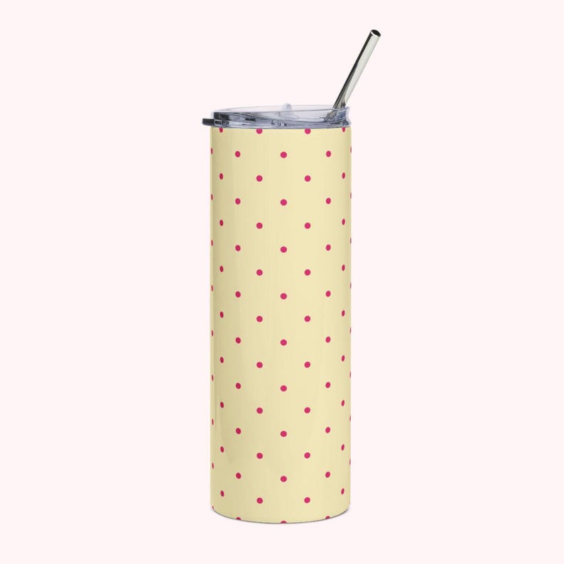 Insulated Polka Dot Water Bottle 20oz Stainless Steel Travel Tumbler with Reusable Metal Straw