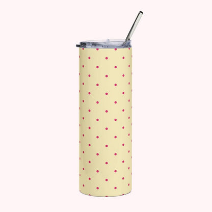 Insulated Polka Dot Water Bottle 20oz Stainless Steel Travel Tumbler with Reusable Metal Straw