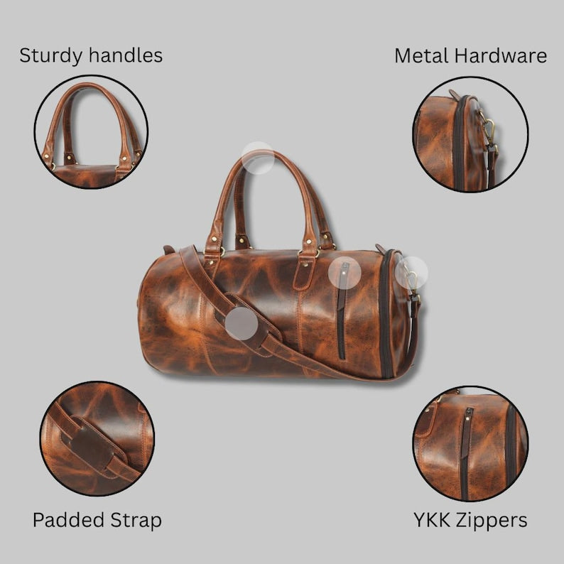 Full Grain Leather Gym Duffle Bag with Shoe Compartment – Vintage Weekender Carry On