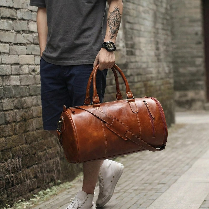 Full Grain Leather Gym Duffle Bag with Shoe Compartment – Vintage Weekender Carry On