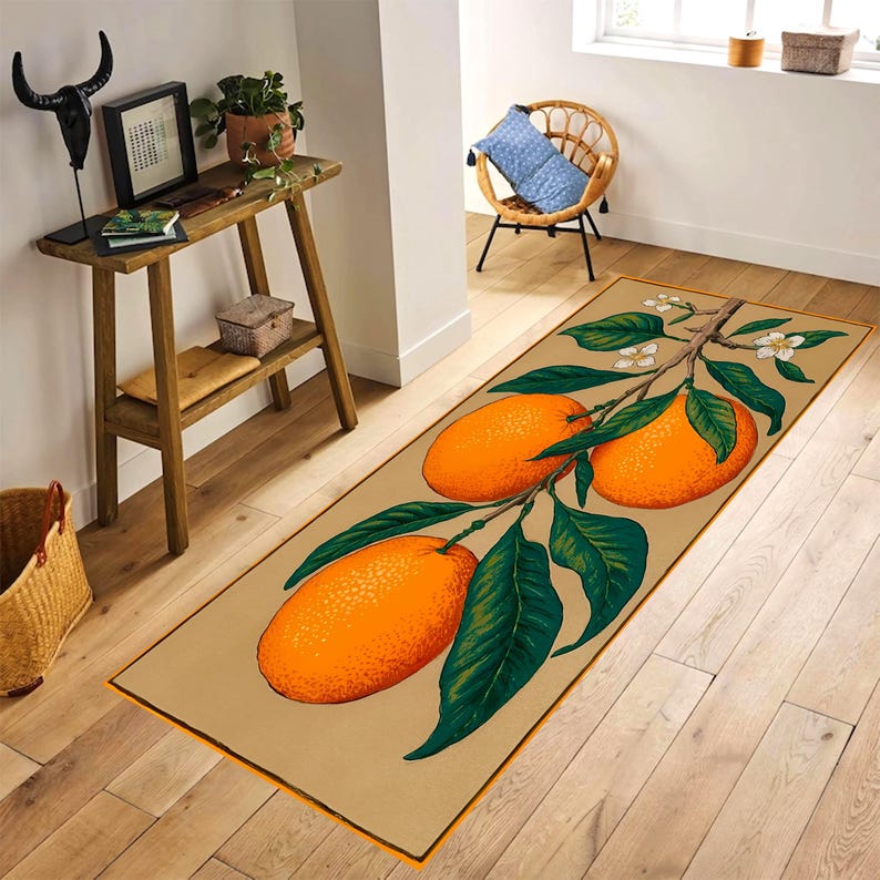 Vintage Citrus Orange Runner Rug: Botanical Area Carpet, Non-Slip Machine-Washable