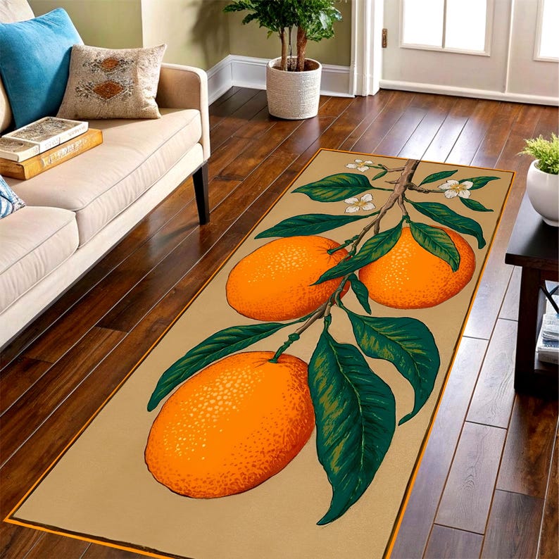 Vintage Citrus Orange Runner Rug: Botanical Area Carpet, Non-Slip Machine-Washable