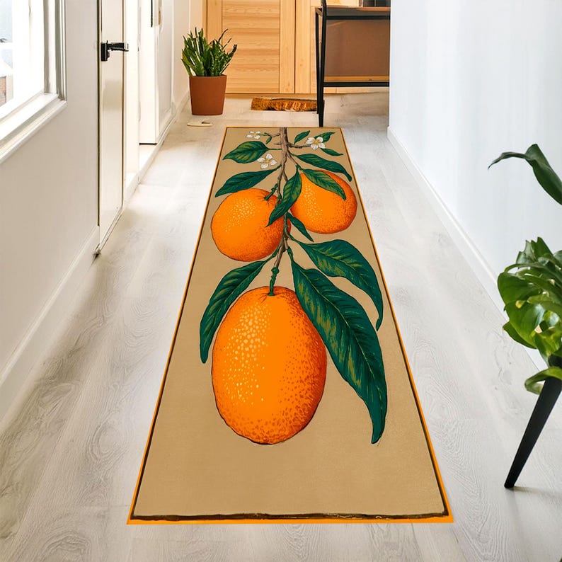 Vintage Citrus Orange Runner Rug: Botanical Area Carpet, Non-Slip Machine-Washable