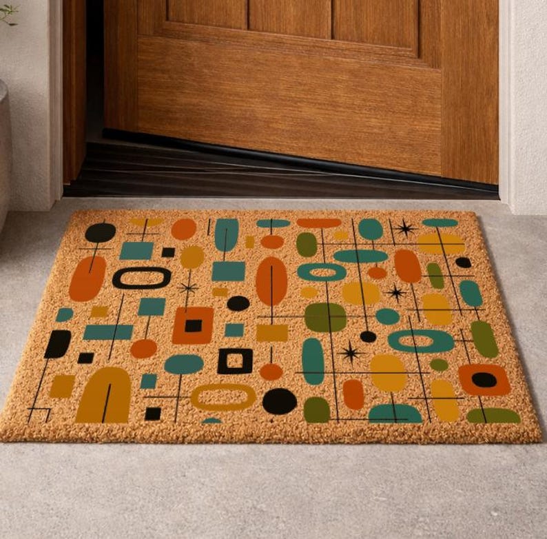 Mid Century Modern Coir Doormat, Geometric Retro Decor