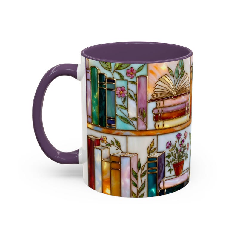 Floral Bookish Stained-Glass Style Mug, Book Lover Gift, Library Aesthetic Cup, Reading Mug