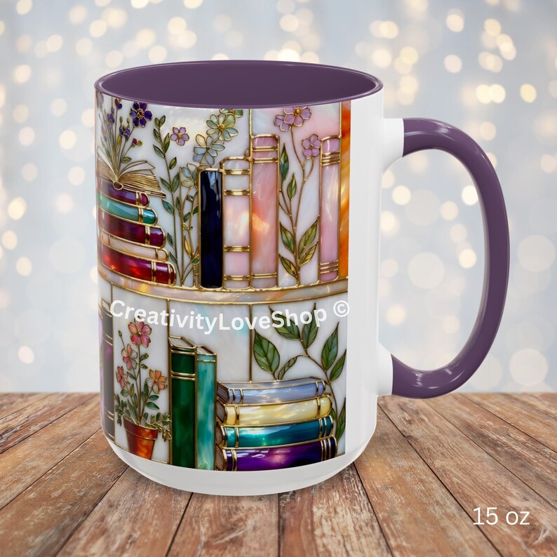 Floral Bookish Stained-Glass Style Mug, Book Lover Gift, Library Aesthetic Cup, Reading Mug