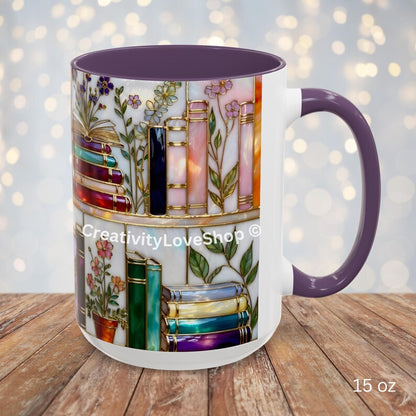 Floral Bookish Stained-Glass Style Mug, Book Lover Gift, Library Aesthetic Cup, Reading Mug