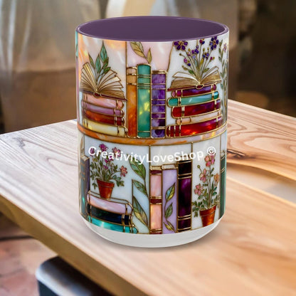Floral Bookish Stained-Glass Style Mug, Book Lover Gift, Library Aesthetic Cup, Reading Mug