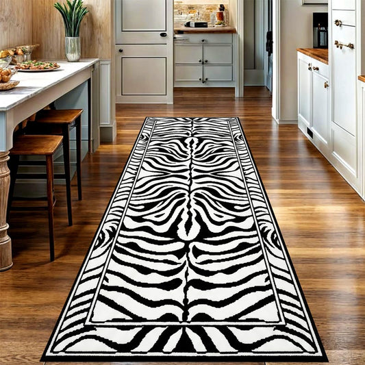 Modern Zebra Print Runner Rug: Black White Hallway Carpet, Non-Slip Machine-Washable
