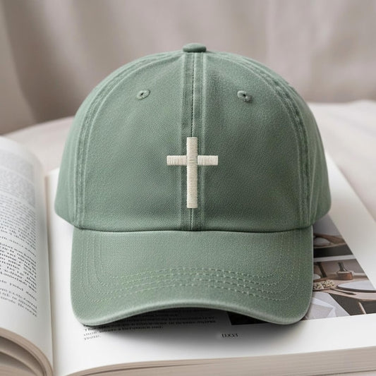 Washed Cotton Baseball Cap with Cross Embroidery, Vintage Faith Apparel