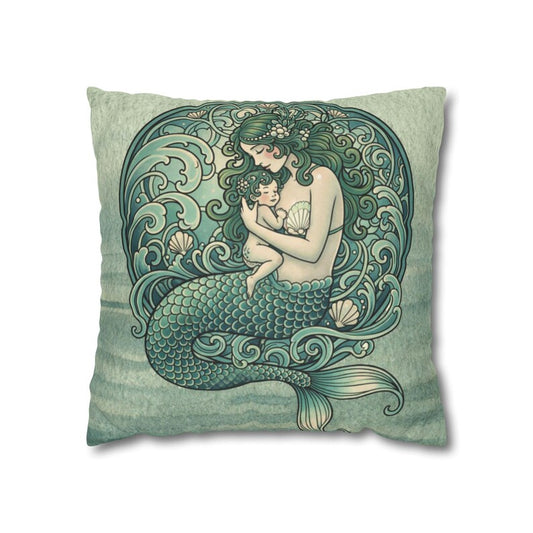 Coastal Mermaid Pillow Cover, Faux Suede Throw Pillow, Ocean Home Decor, Beach House Accent Cushion, Mermaid Mom Art