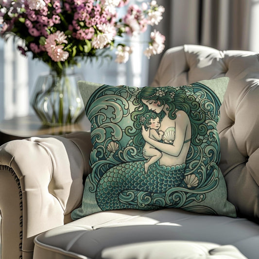 Coastal Mermaid Pillow Cover, Faux Suede Throw Pillow, Ocean Home Decor, Beach House Accent Cushion, Mermaid Mom Art