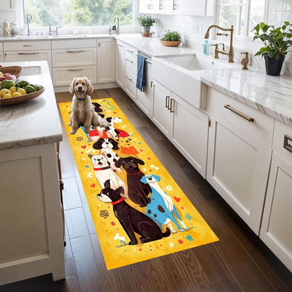 Whimsical Dog Parade Runner Rug: Yellow Cartoon Dogs Hallway Carpet, Non-Slip Machine-Washable