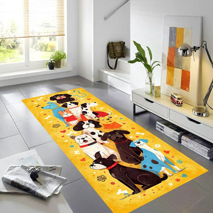 Whimsical Dog Parade Runner Rug: Yellow Cartoon Dogs Hallway Carpet, Non-Slip Machine-Washable