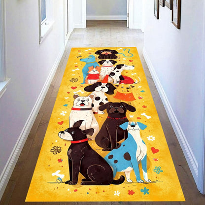 Whimsical Dog Parade Runner Rug: Yellow Cartoon Dogs Hallway Carpet, Non-Slip Machine-Washable