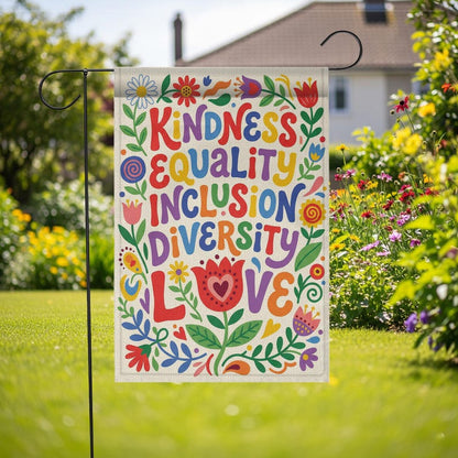 Social Justice Garden Flag: Kindness Equality Inclusion Diversity Love, Retro Floral Yard Sign