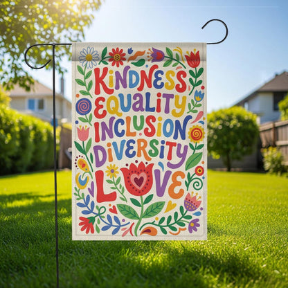 Social Justice Garden Flag: Kindness Equality Inclusion Diversity Love, Retro Floral Yard Sign