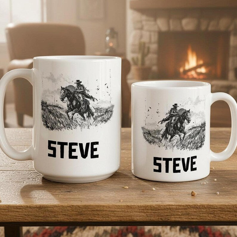 Custom Cowboy Mug, Vintage Inspired Cowboy Cup,  Western Coffee Cup, Birthday Gift For Him, Gift for Dad, Husband, Cowboy Lover, Camping Mug