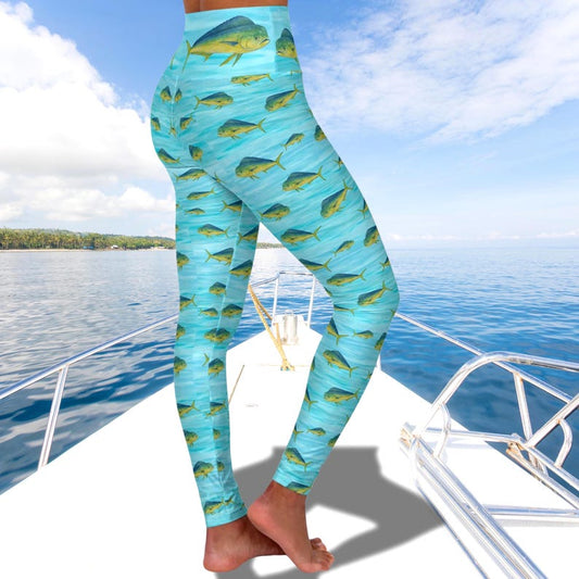 Mahi Mahi Fishing Leggings High Waisted, Dolphin Fish Yoga Pants, Coastal Ocean Workout Leggings, Fisherman Gift Activewear