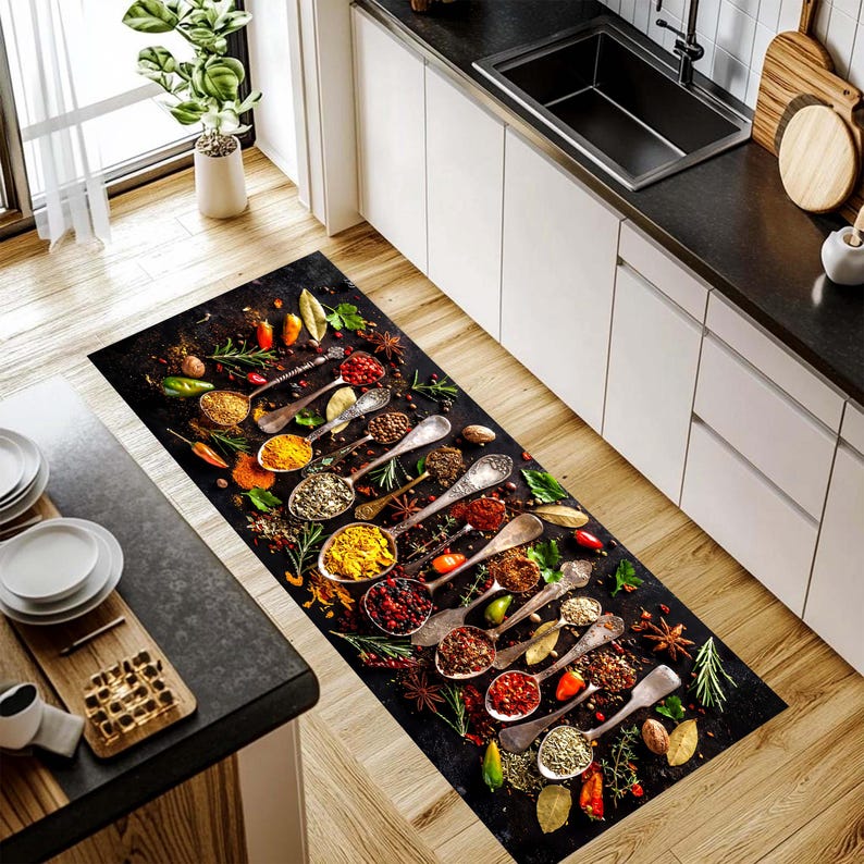 Rustic Spice Spoon Kitchen Runner Rug: Herb and Chili Culinary Farmhouse Carpet, Non-Slip Machine-Washable