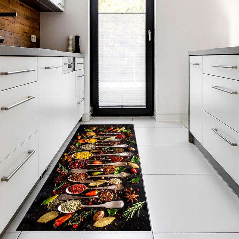 Rustic Spice Spoon Kitchen Runner Rug: Herb and Chili Culinary Farmhouse Carpet, Non-Slip Machine-Washable