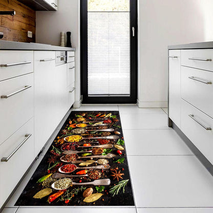Rustic Spice Spoon Kitchen Runner Rug: Herb and Chili Culinary Farmhouse Carpet, Non-Slip Machine-Washable