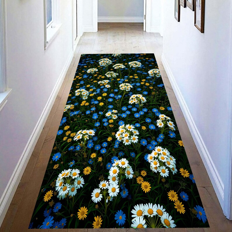 Wildflower Daisy Runner Rug: Blue Yellow Floral Meadow Hallway Carpet, Machine-Washable Non-Slip